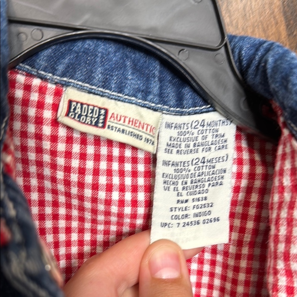 Vintage Faded Glory Blue Jean Jacket with Gingham Trim Size 24 month embroidered - Picture 4 of 5